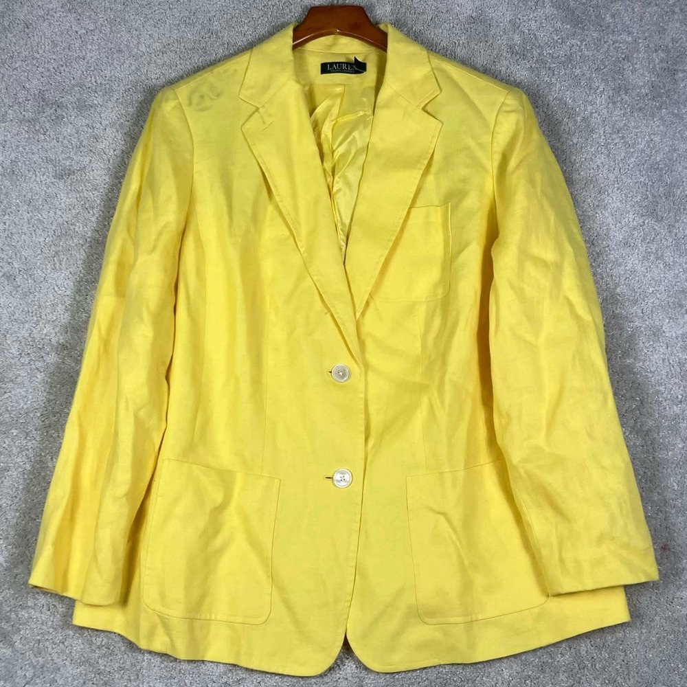 Ralph Lauren Blazer Women 16W Yellow Linen Two Button Suit Jacket Patch Pocket